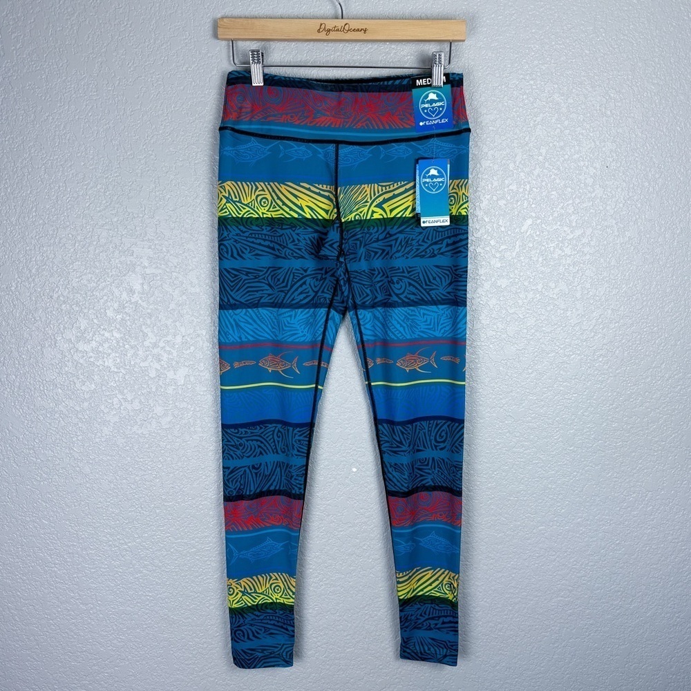 Pelagic NWT Oceanflex Active Leggings M Teal Blue Fish Stripes Island Hawaiian - Picture 2 of 11